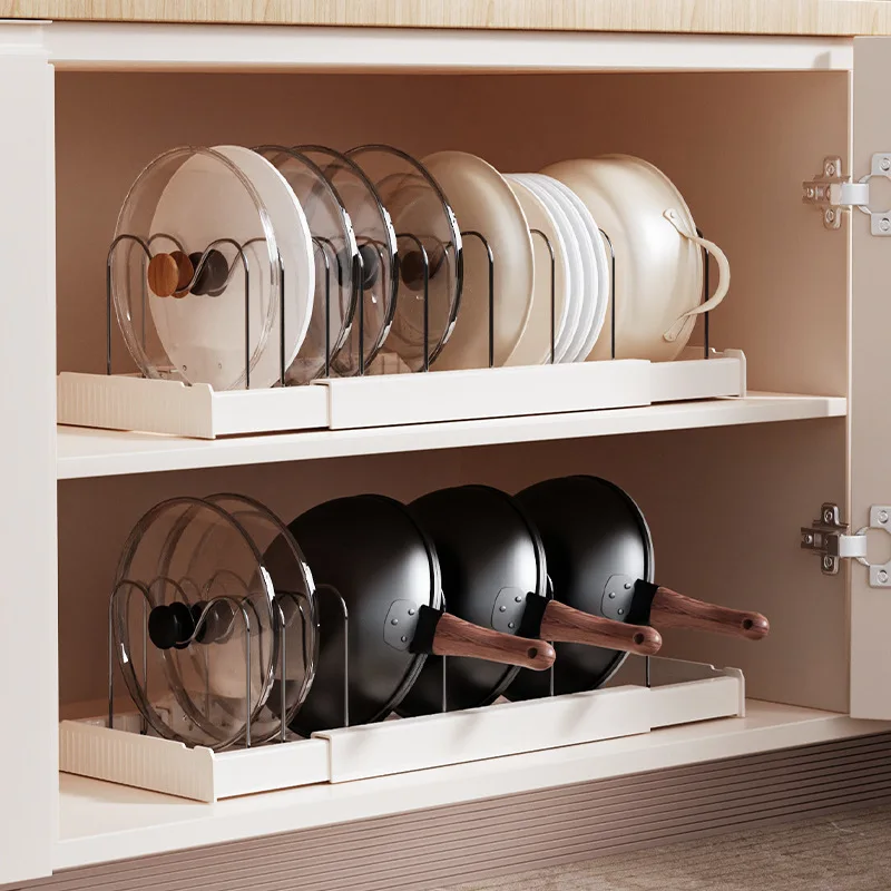 

Expandable Pans Organizer Rack Sliding Pot and Lid Holder with 10 Adjustable Dividers Pull Out Kitchen Cabinet Utensils Storage