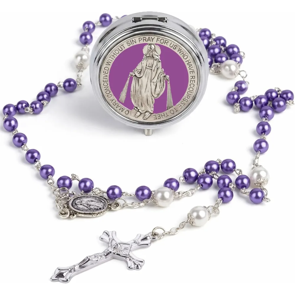 1 à 5 ensembles de chapelets catholiques en perles de verre avec boîte miraculeuse pour baptême, première communion, prière, cadeau religieux