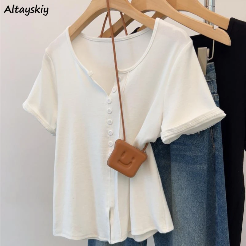 Leisure T-shirts Women Short Sleeve Simple Solid Color 3XL Clean Fit Ulzzang Korean Style Basic Summer Cozy Trendy All-match