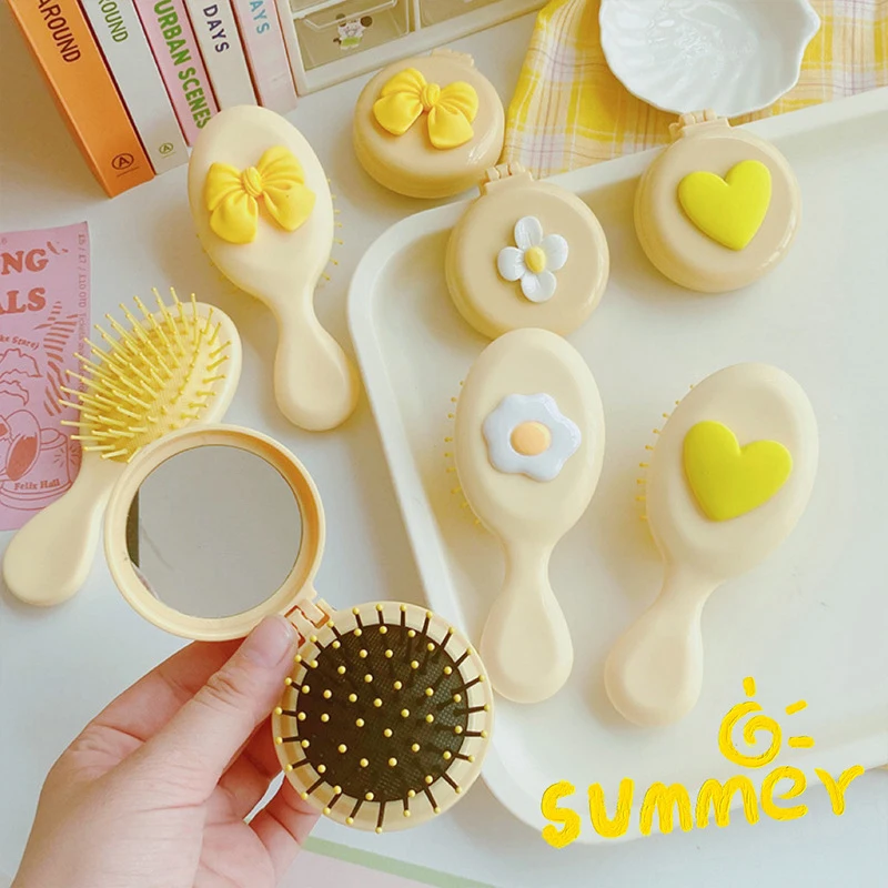 Yellow Series Folding Massage Comb With Mirror Head Massage Anti-Static Mini Air Cushion Comb Portable Travel Girl Hair Combs