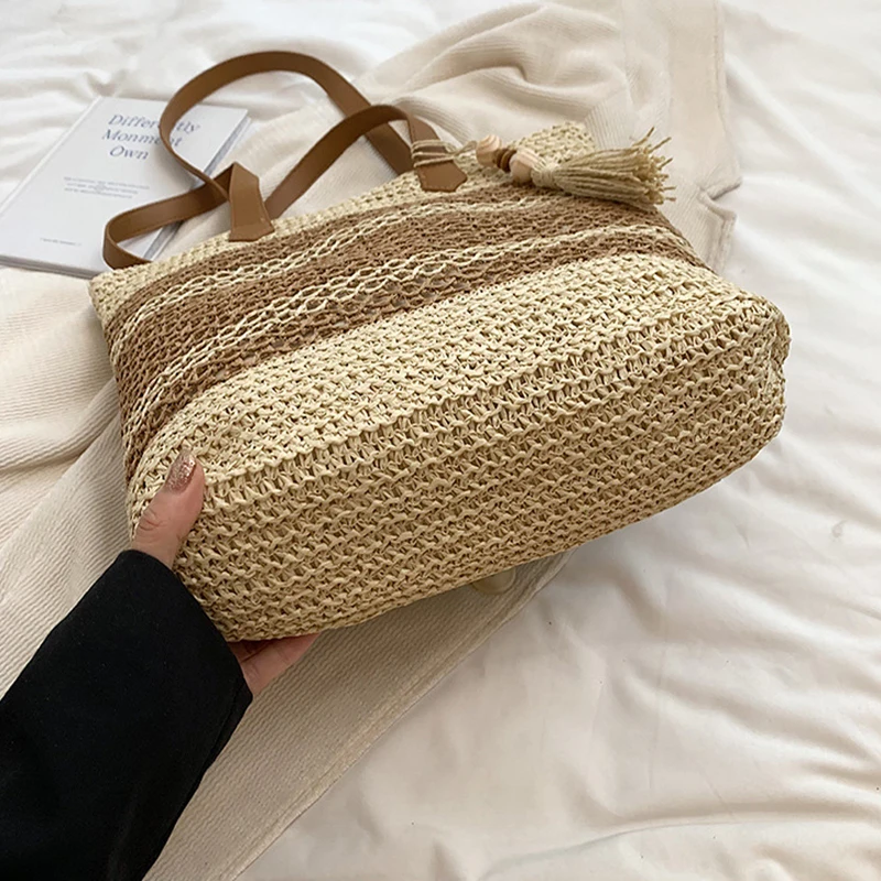 Sommer Stroh Taschen für Frauen Hohe Qualität Rattan Schulter Tasche Reise Handarbeit Gewebt Strand Handtaschen Weibliche Große Kapazität Totes – Detail 17