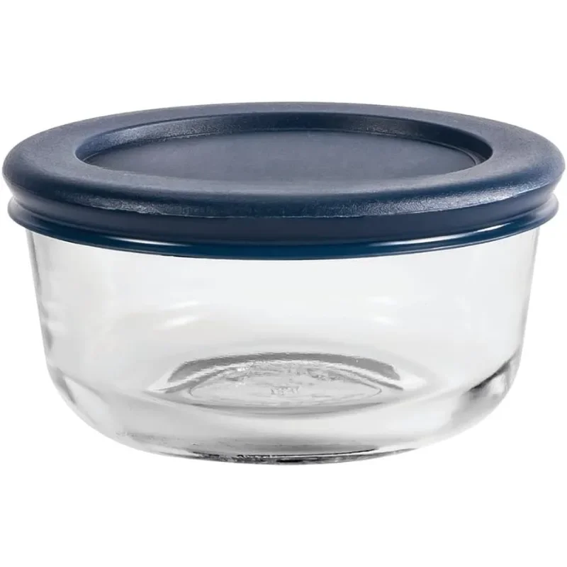 1 Cup Glass Storage Containers with Lids, Set of 6 Glass Food Storage Containers with Navy Blue SnugFit Lids