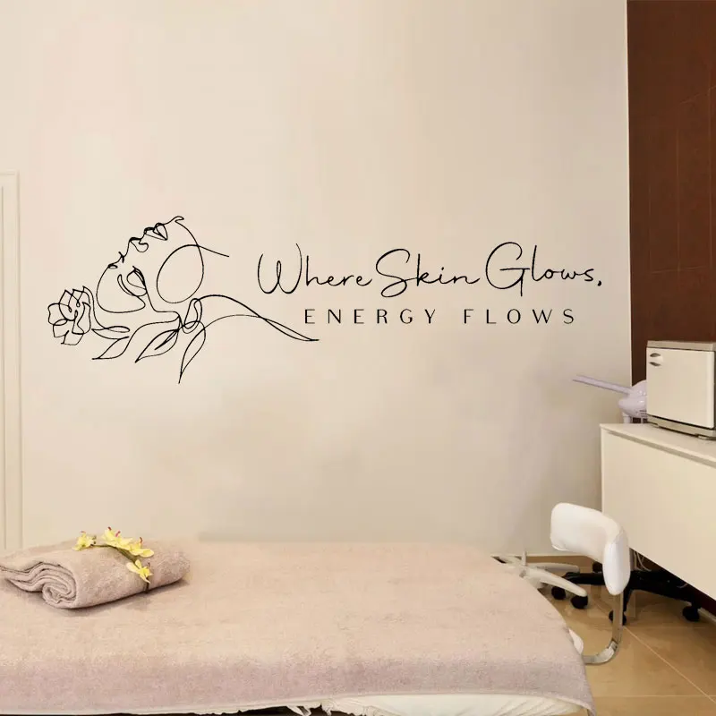 Where Skin Glows Energy Flows Transverse Girl Line Art Decal Beauty Salon,Skin Therapist,Aesthetics,Esthetician Decor Murals Q58