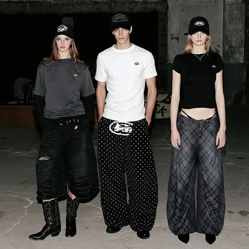 Badblood bcac series - Retro checkered jeans - Children's loose curved-leg wide-leg trousers