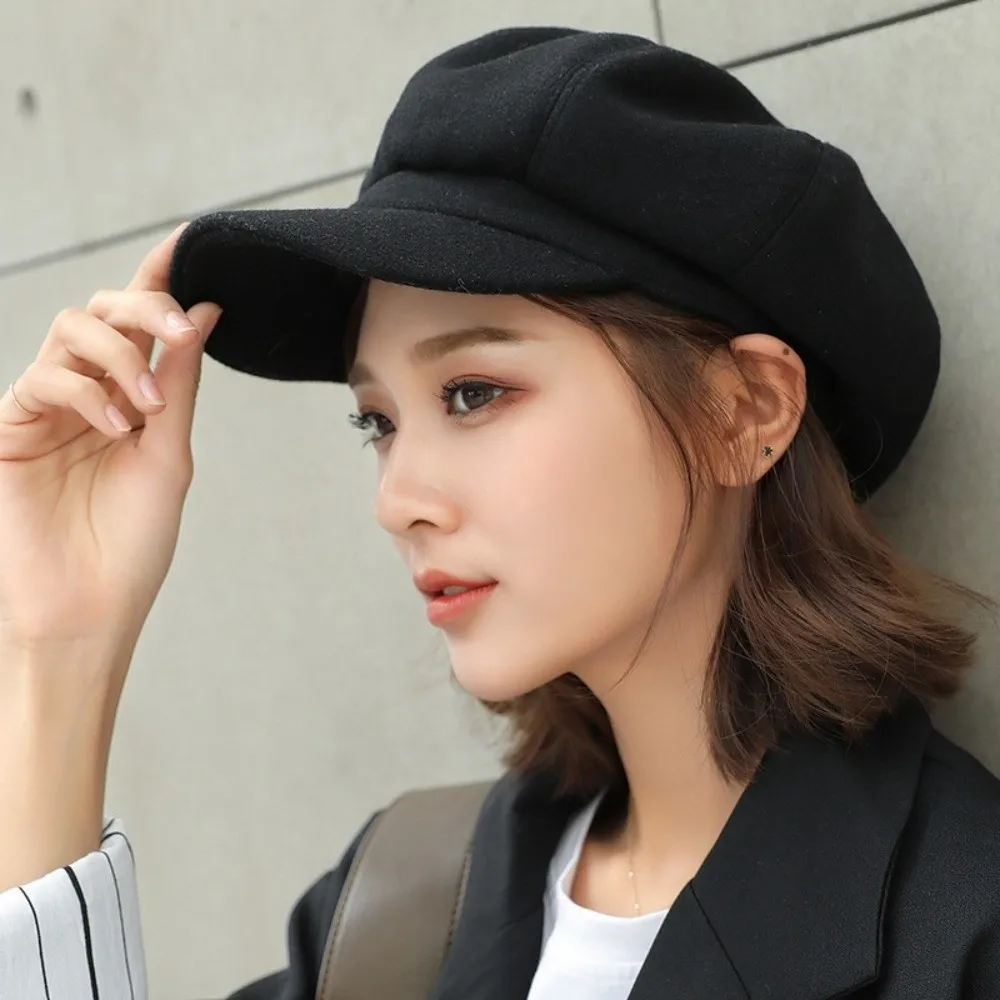 

Vintage Solid Color Woolen Octagonal Hat Thick Ear Protection Painter Caps Korean Style Keep Warm British Berets Travel