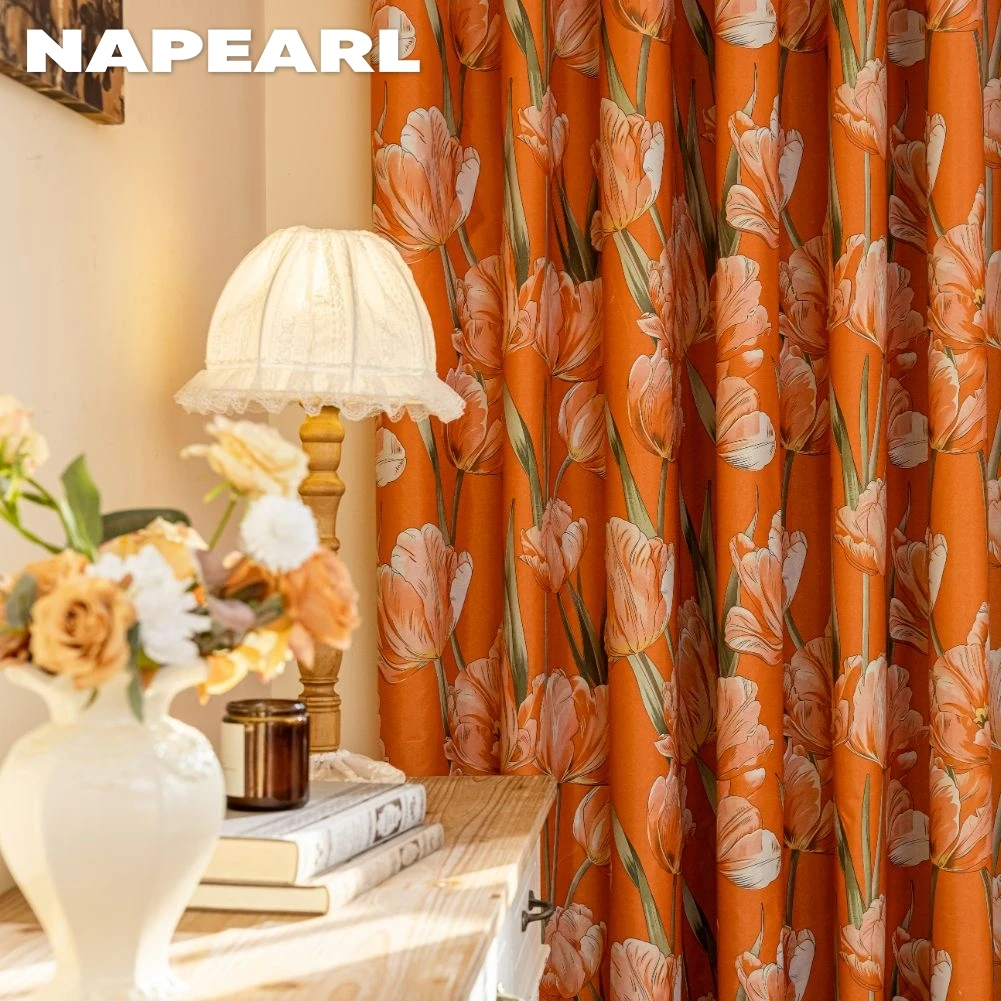 

NAPEARL 1PC 100% Blackout Curtains for Living Room Bedroom Orange Curtain Print Pattern Window Drapes Size Customization