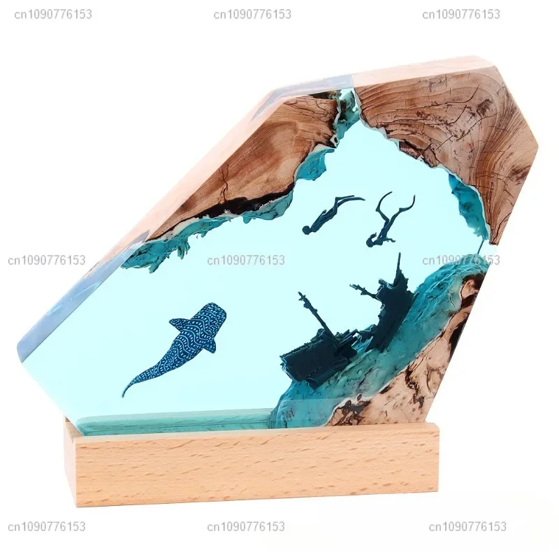 

Home Accessories Bedroom Office Desktop Shipwreck Shark Whale Ocean Art Ornament Gift Solid Wood Resin Night Light Ornament