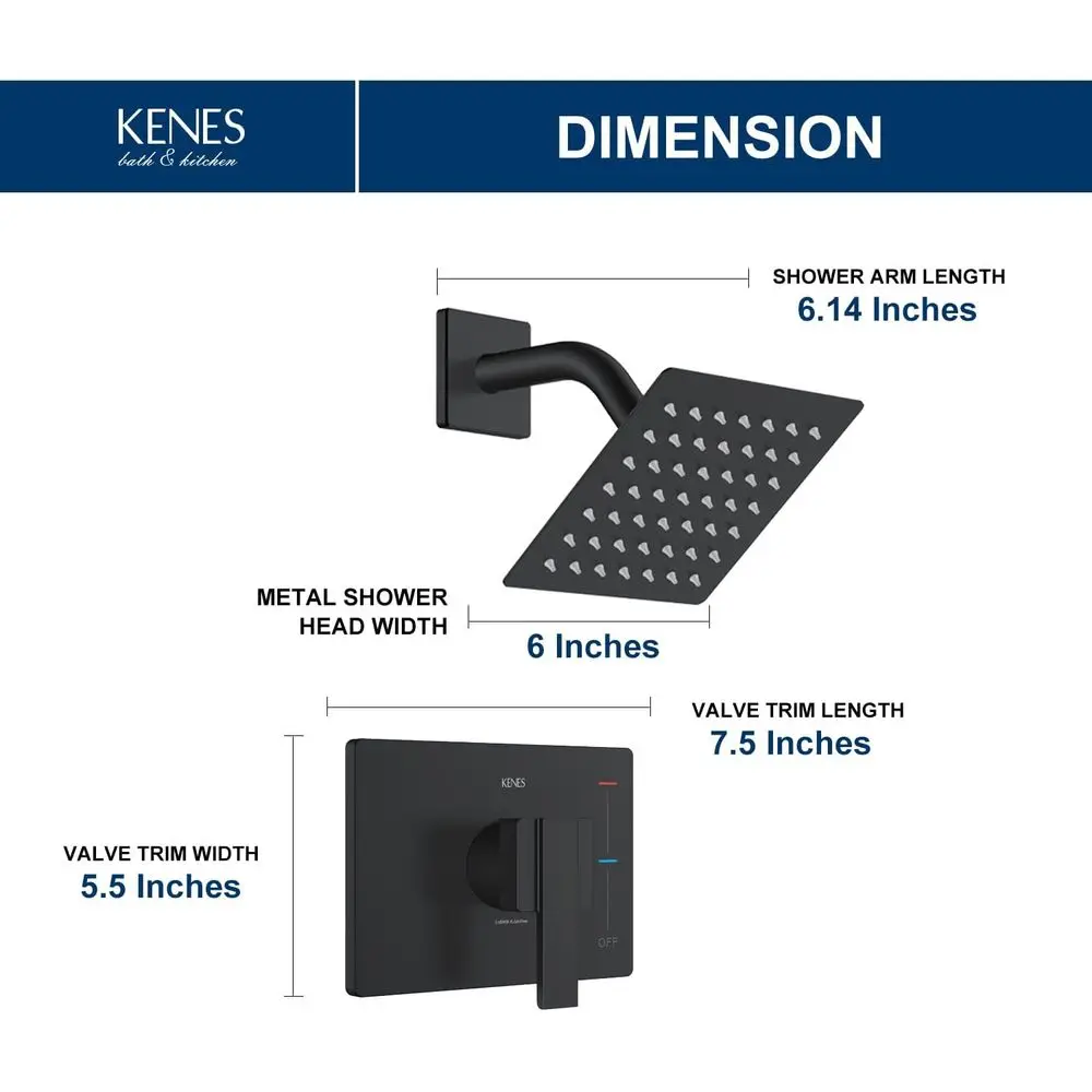 6 Square Rainfall Shower System with Matte Black Faucet and Handle, Wall-Mounted, KE-6025B-2 (Valve Included)