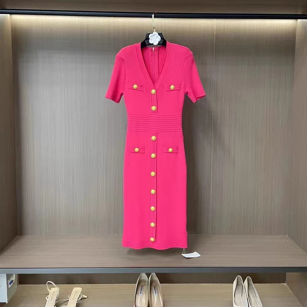 

High Quality Extended Summer New Style Fashionable Temperament Socialite Style Women's Knitted V-Neck Short Sleeved Dress