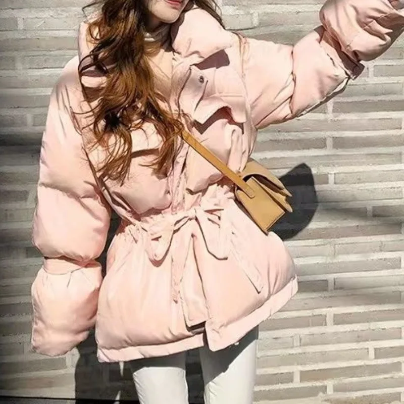 Winter Drawstring Waistband Flared Sleeves Medium Length Thick Coat Standing Collar Cotton Jacket for Women