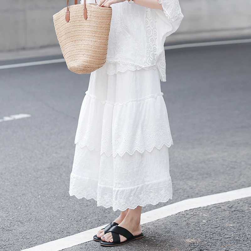 

Хлопковая кружевная юбка с крючковой отделкой для женщин, летняя, комфортная, повседневная, миди, многоярусная, А-силуэт