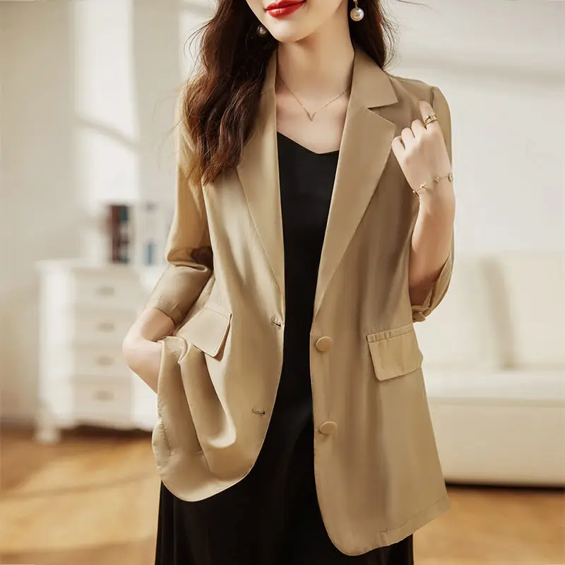 

High Quality Green Three-Quarter Sleeve Chiffon Thin Casual Small Suit Jacket Female Sunscreen Summer Loose Blazer Top h1185