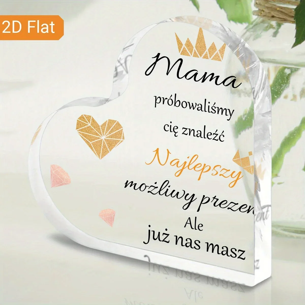 Polish Language Mother Gift Acrylic Heart Plaque Keepsake Decor,Heart Shaped Acrylic Plaque Polish Quote Gift for Mama Mother’s Day Desk Decor