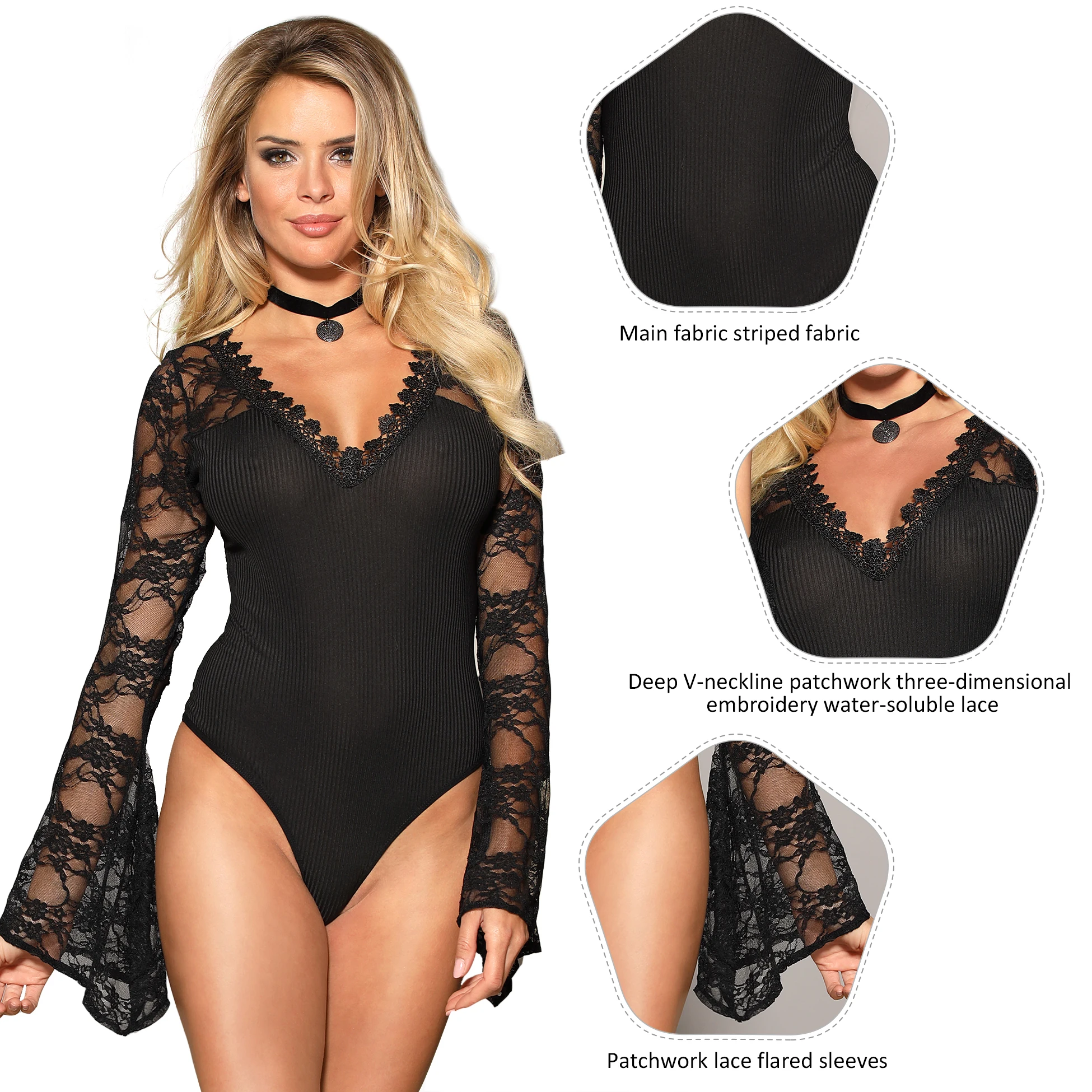 Comeonlover Sexy Bodysuits V Neck Lace Jumpsuit Women Long Sleeves Teddies Lingerie Sheer Playsuits Black Slim Lace Sleepwear