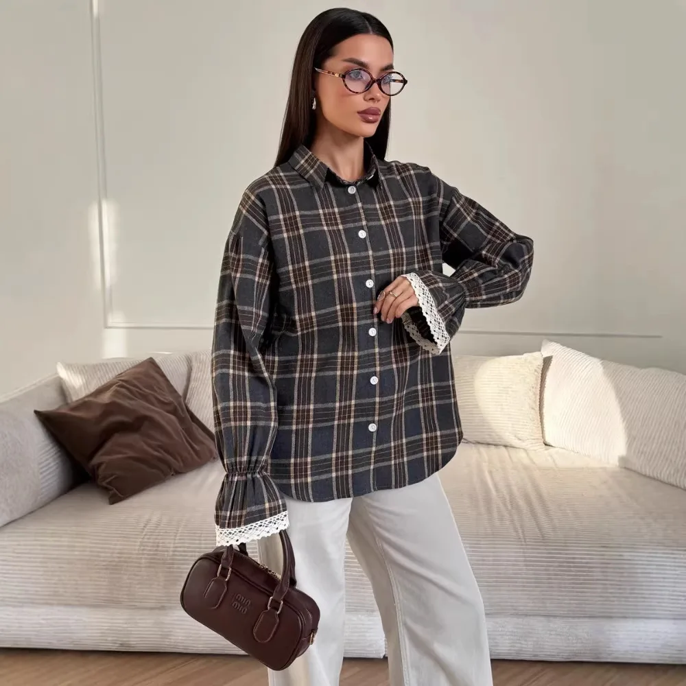 Loose Fit Button Up Cardigan Plaid Shirt for Women Button Down Long Sleeve Spring Autumn Casual Shirt Blouse Lapel Outerwear