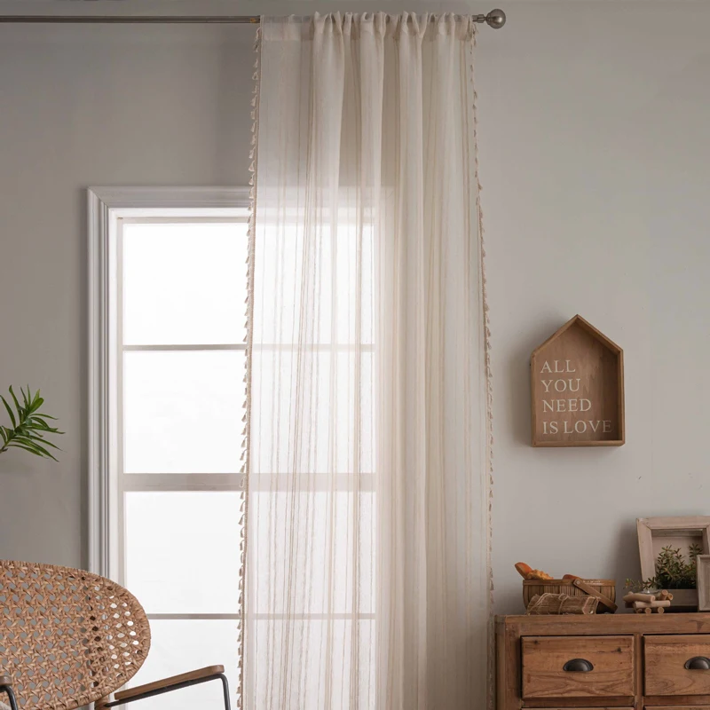 

Linen Textured Striped Semi Sheer Curtains for Living Room Rod Pocket Tassel Boho Light Filtering Window Drapes for Bedroom Home