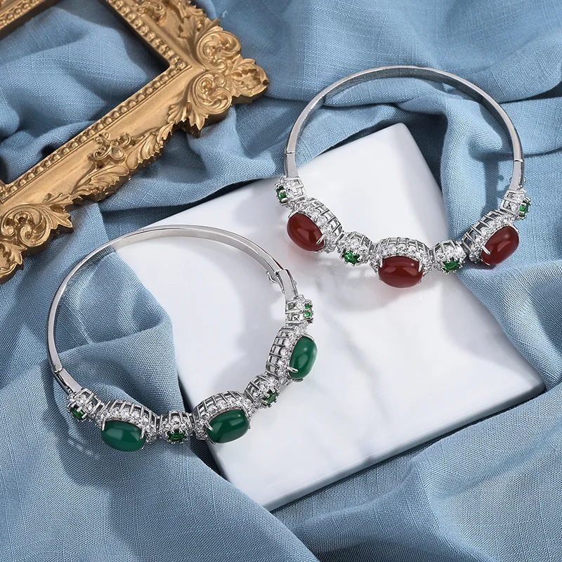 Chalcedony Full Inlaid Natural Imperial Green Jade Adjustable Bracelet