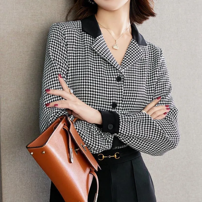 Houndstooth Shirts Women French Elegant Temperament Lapel Casual Blouse Office Ladies Commute Clothes Spring Vintage Chiffon Top