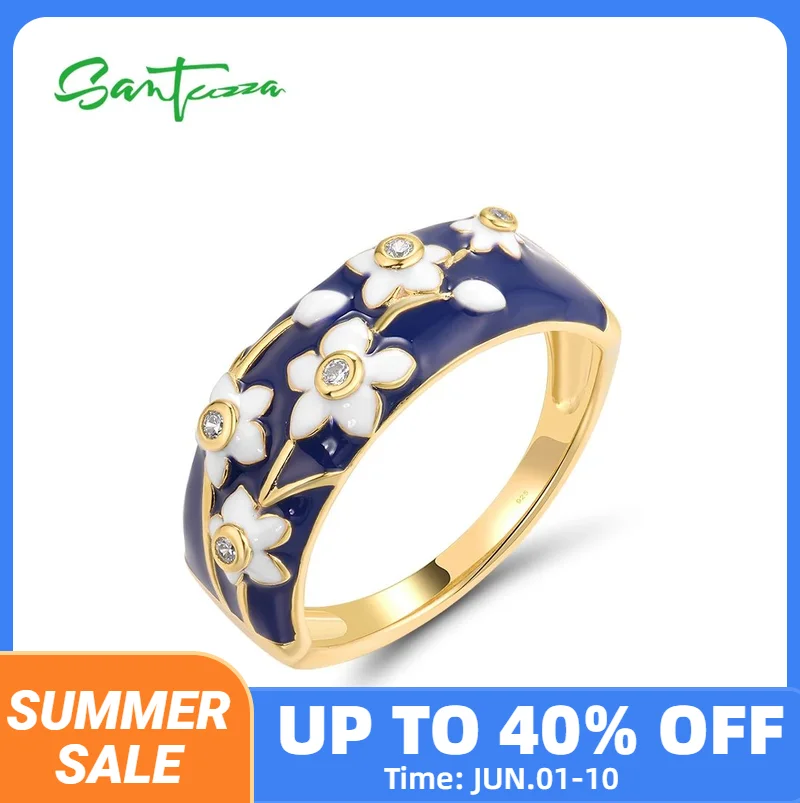 SANTUZZA Real 925 Sterling Silver Rings For Women White CZ Delicate Flower Enamel Trendy Party Wedding Gifts Fine Jewelry
