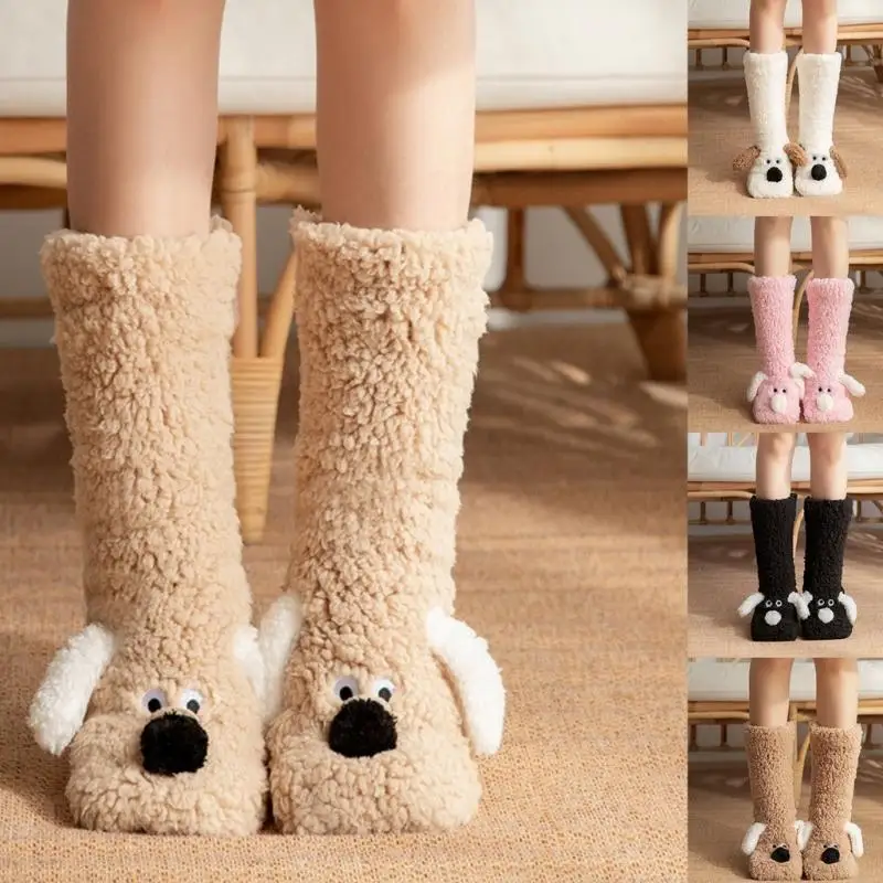 

Winter Dog Ears Thermal Fuzzy Socks Nonslip Slipper Socks for Home Sleeping F3MD