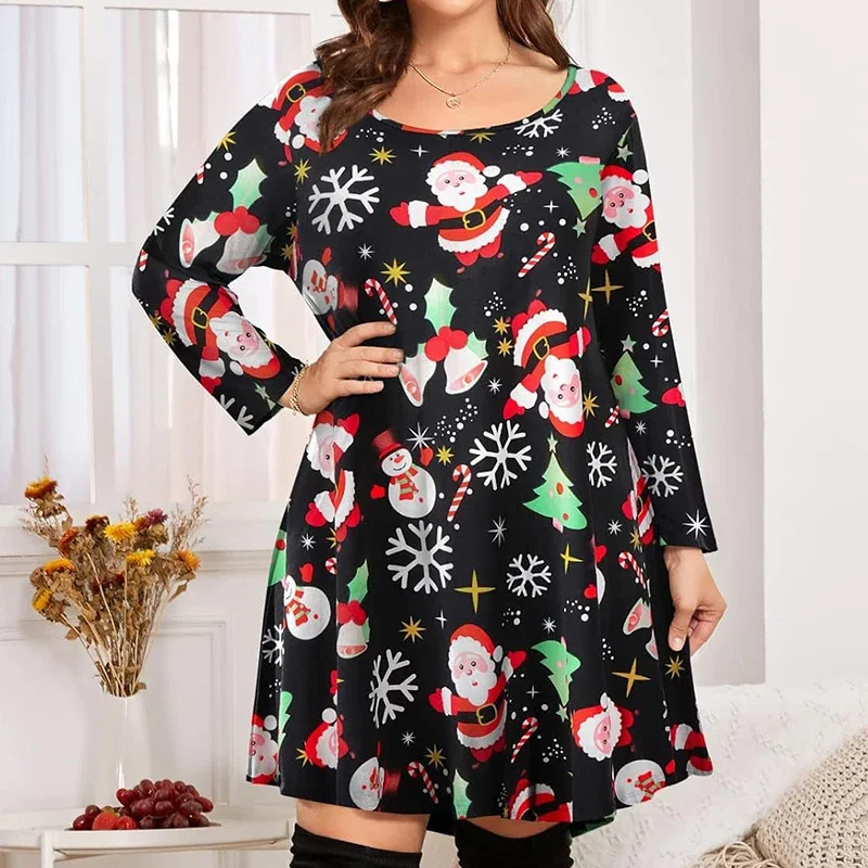 أنيقة زائد حجم فستان عطلة عيد الميلاد طباعة ثلج طويلة الأكمام الخريف الشتاء الملونة عارضة الطباعة تي شيرت فستان قصير #5