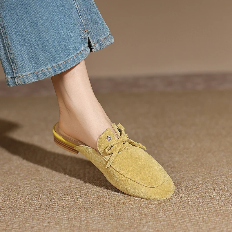

2026 New Ins Women Natural Cow Suede Women's Mules Slippers Cow Suede Leather Lace Up Fashion Flat Slippers Handmade Female