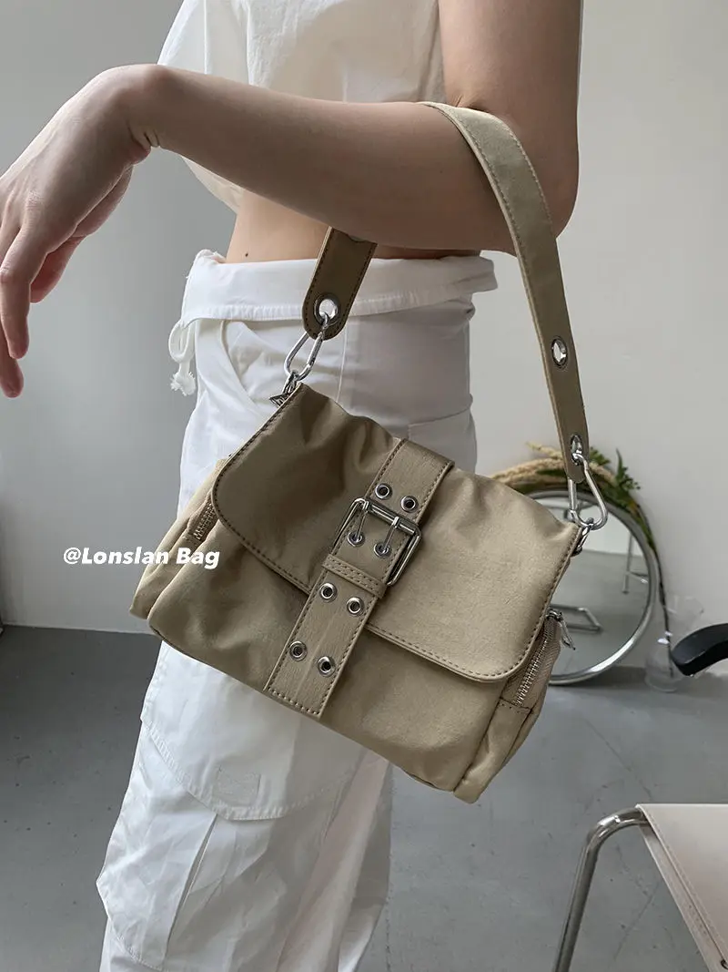 JIAERDI Vintage Nylon Khaki Shoudler Bag Women Hot Girls Square Underarm Bag Female Harajuku Casual Crossbody Bags Handbag Y2k