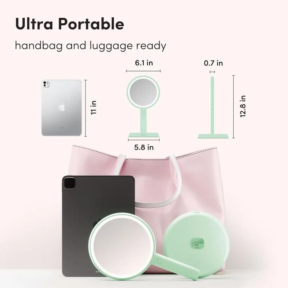 Miroir de maquillage LED portable, rechargeable, XL, grossissement 5X/1X, lumière 3 couleurs, portable ou vanité, pistache