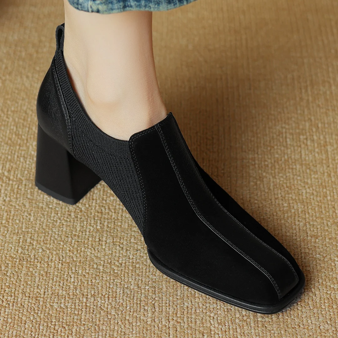 Women\'s genuine leather stretch knit patchwork slip-on pumps 6cm thick high heel square toe elegant ladies heeled dress shoes 42