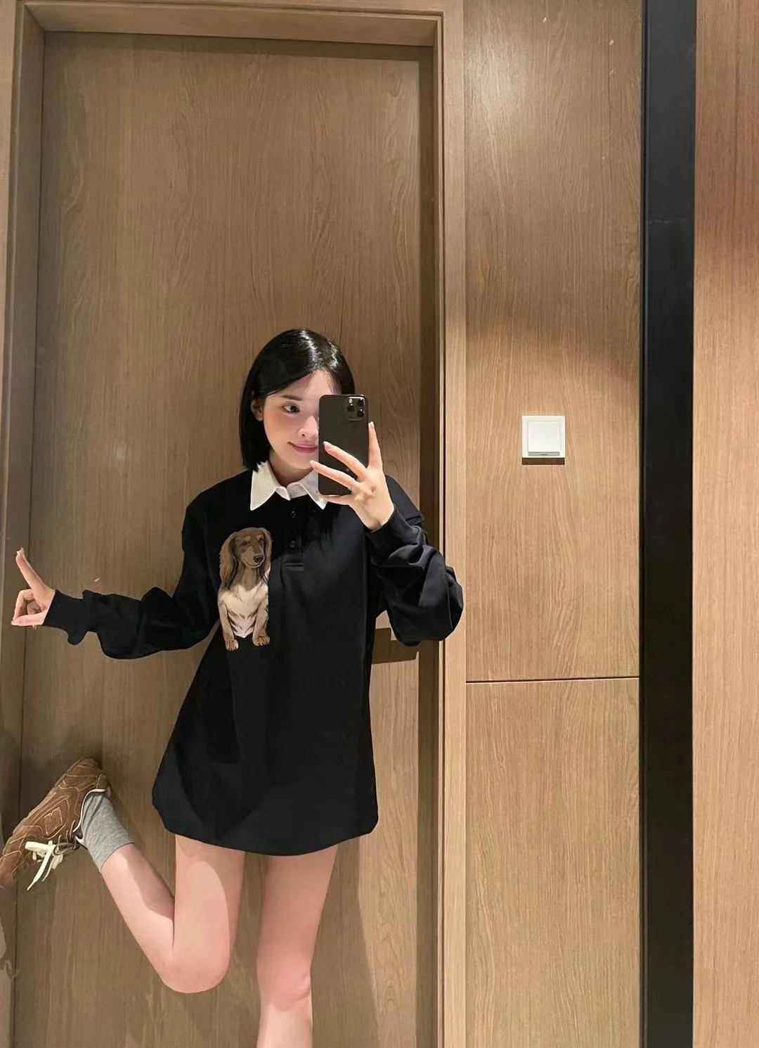 OPEN YY Shirt 2025 Fashion Golden Puppy Dog Print POLO Shirt Lapel Button Long Sleeve Sweatshirt Woman