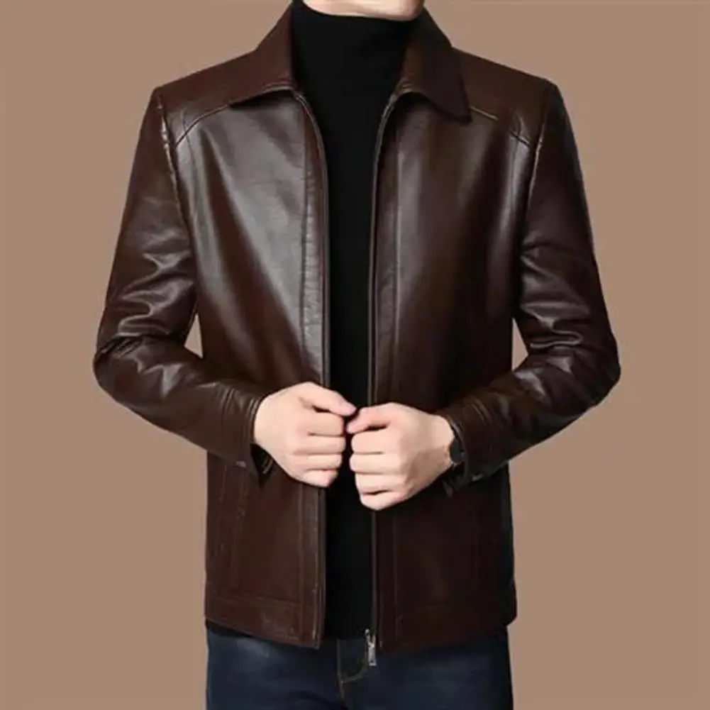 

Fall Winter Jacket Zipper Placket Men Jacket Stylish Men's Faux Leather Jacket with Plush Lining Business Coat with Zipper