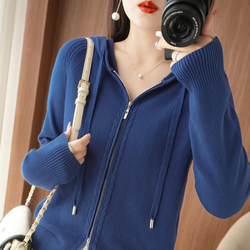 100% Cashmere Sweater Women\'s Hooded cardigan Fashion Loose Casual Cashmere Sweater Women\'s Thickened Top Coat Korean Version