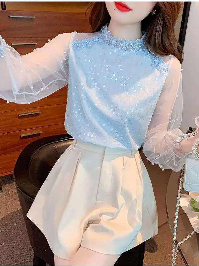 Elegant Lace Hook and Flower Chiffon Shirt Feminine Style Mesh Splicing Sweet Top Autumn New Style Beautiful and Unique