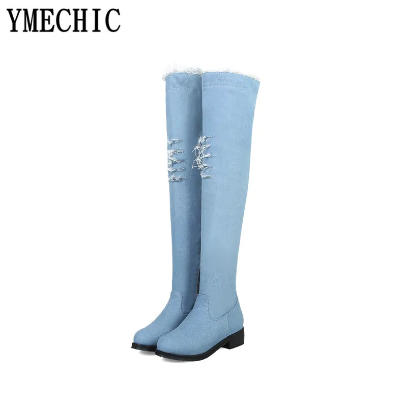 2023 Winter Denim Hole Hollow Knight Over Knee Boots Womens Med Block Heel Blue Black Ladies Riding Overknee Boots Plus Size