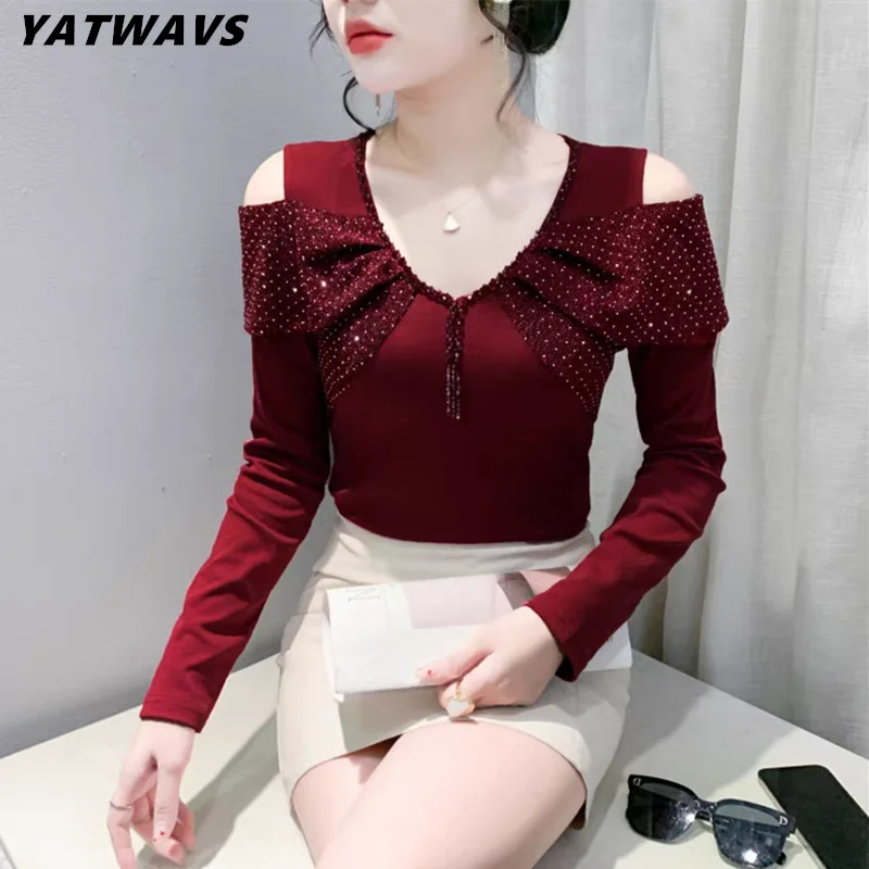 High Quality Autumn Sexy Off Shoulder Fashion Beading T-shirt Women\'s Long Sleeves Tassels Design Tees Female Cotton Tops Shirts