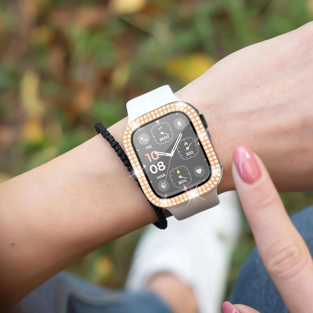 الماس غطاء ل أبل ساعة حالة 45 مللي متر 41 مللي متر 44 مللي متر 40 مللي متر 42 مللي متر 38 مللي متر الزجاج المقسى الوفير حامي الشاشة iWatch سلسلة 8 7 SE 6 5