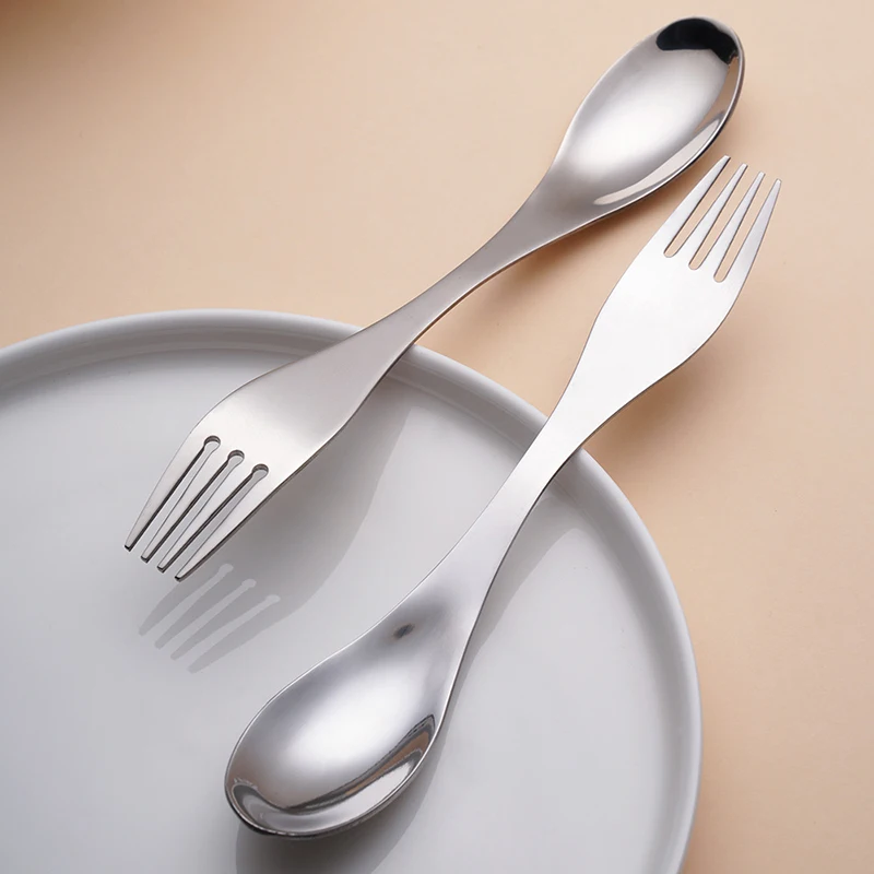 2Pcs Stainless Steel Spork 2-in-1 Spoon with Cutlery Bag Portable Camping Spork Reuseable Spoon Fork Kit Flatware Kitchen Tools