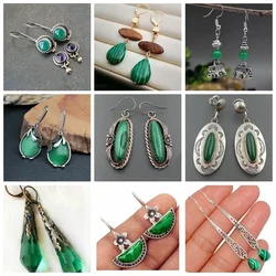 Vintage Bohemia Carving Wind Chimes Shape Dangle Retro Ethnic Long Drop Ear for Women Classic Green Stone Earring for Women