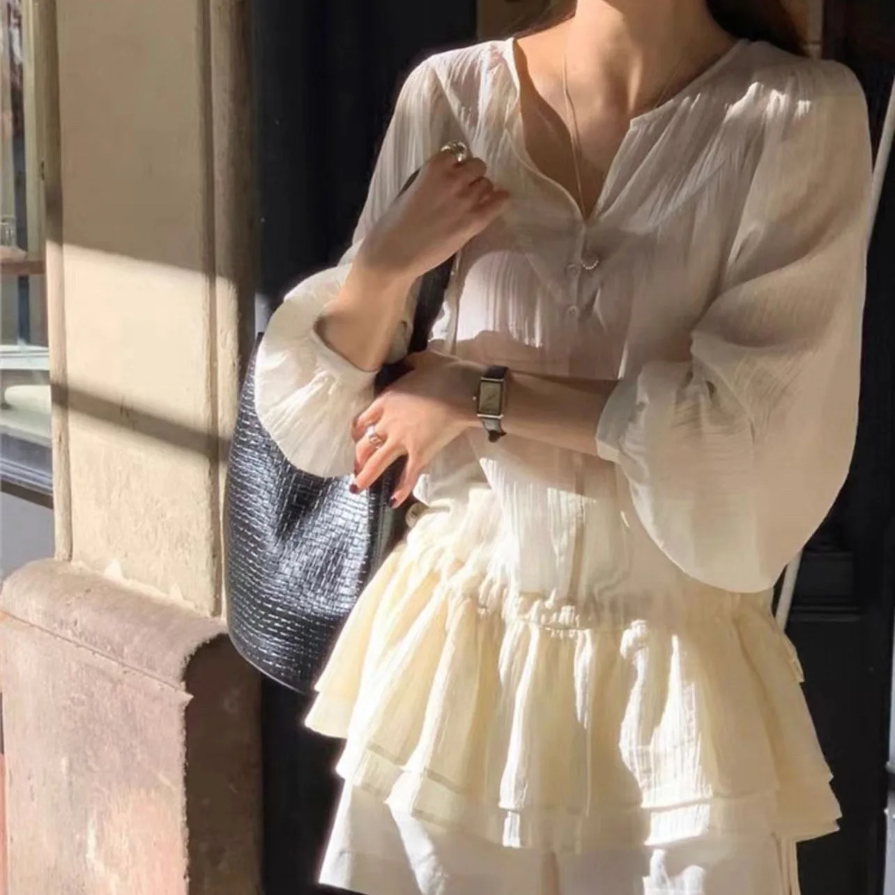 Fashionable Puffy Girl Shirt with Drawstring Korean Style Loose Fit Long Sleeve Mid-Length Women's Premium Clothing