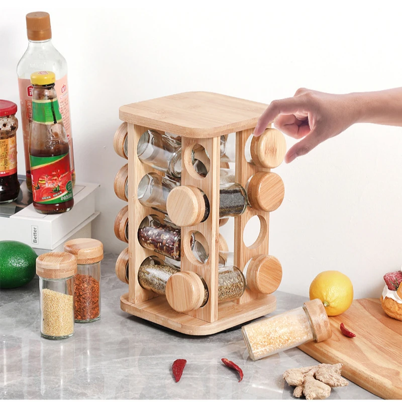 Square Bamboo Seasoning Rack Multi-Functional Wooden Bottom Household Kitchen Seasoning Rack Multi-Grid Rotating