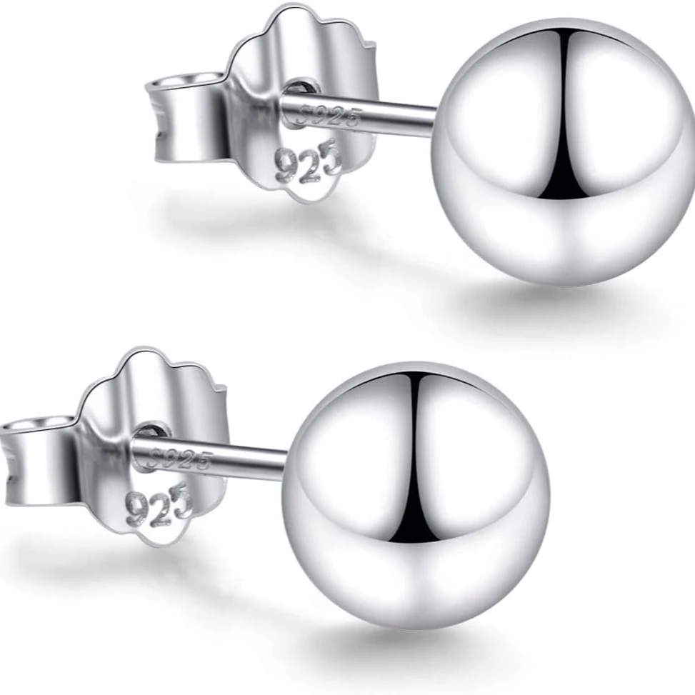 18K White Gold Plated Sterling Silver Ball Stud Earrings for Women Girls 3-5mm Simple Polished Ball Studs Hypoallergenic Jewelry