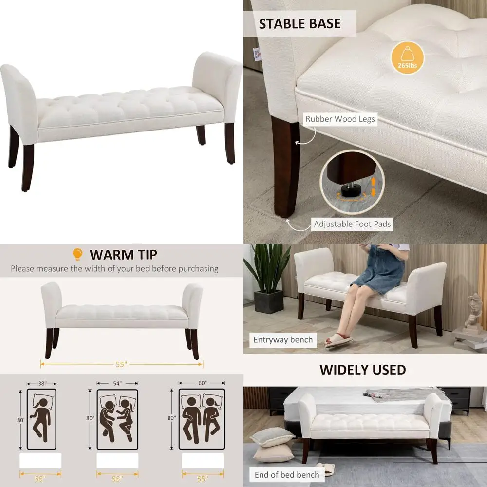 

мягкая скамейка на пуговицах с подлокотниками и деревянными ножками для спальни и прихожей