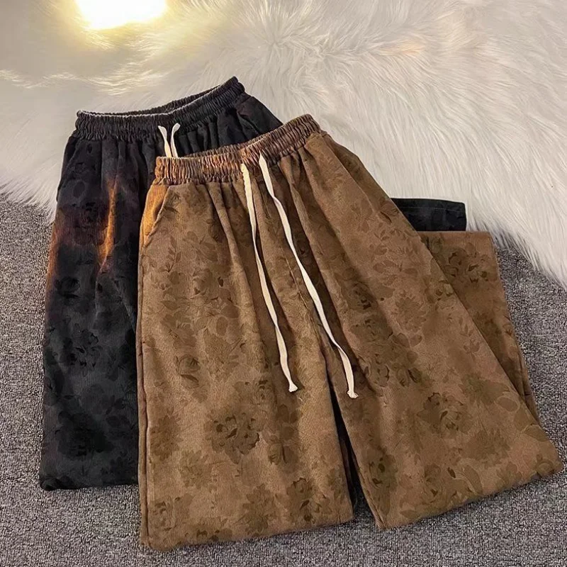 High Waist Wide Leg Pants Women Vintage Corduroy Printed Simple Loose BF Streetwear Designed New Autumn Leisure Long Trousers