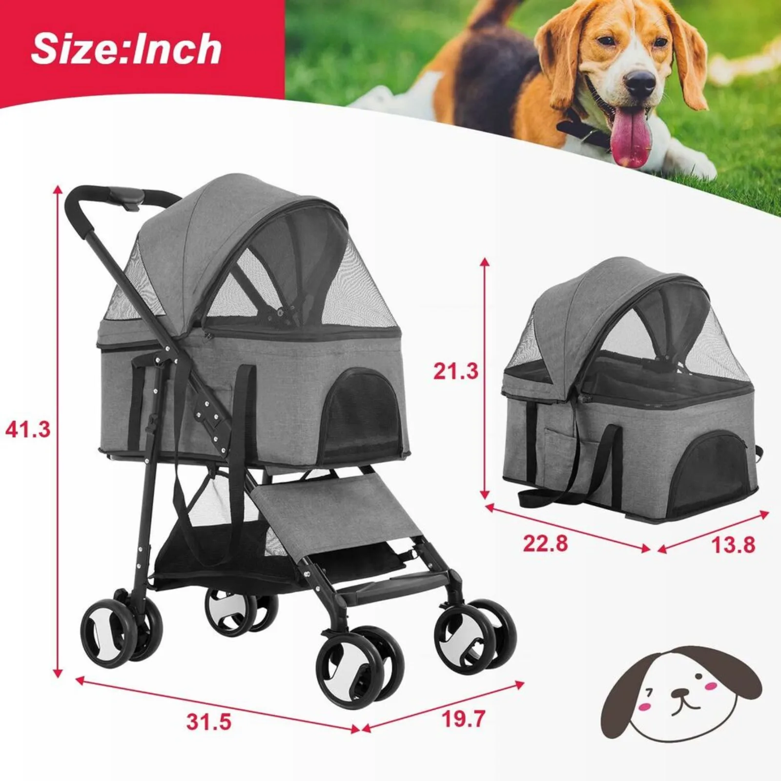 US Pet Stroller 3-in-1 Folding Dog Stroller 4 Wheels Cat Stroller w/ Storage Basket