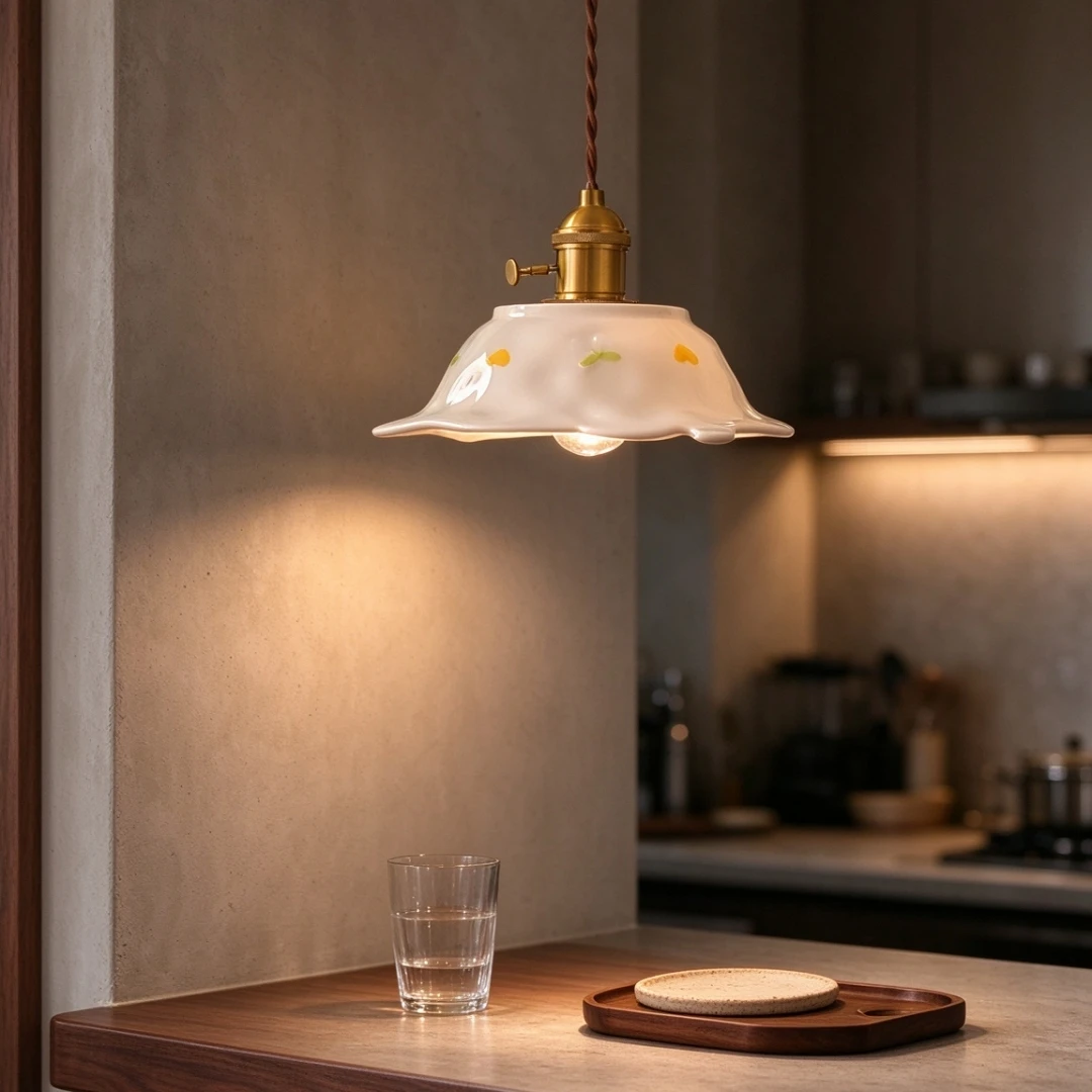 Vintage Ceramic Pendant Light Hand Painted Dot Pattern Wavy Lotus Leaf Shade Brass Socket Hanging Lamp For Kitchen Island Decor