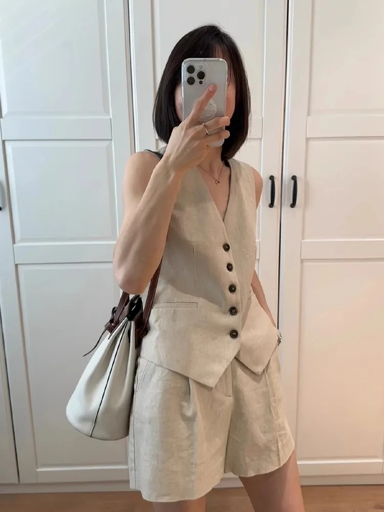 

High-End Cotton Linen Women's Casual Vest orts Set Summer Faion Hong Kong Sle Retro Linen Two-Piece Outfit V-Ne