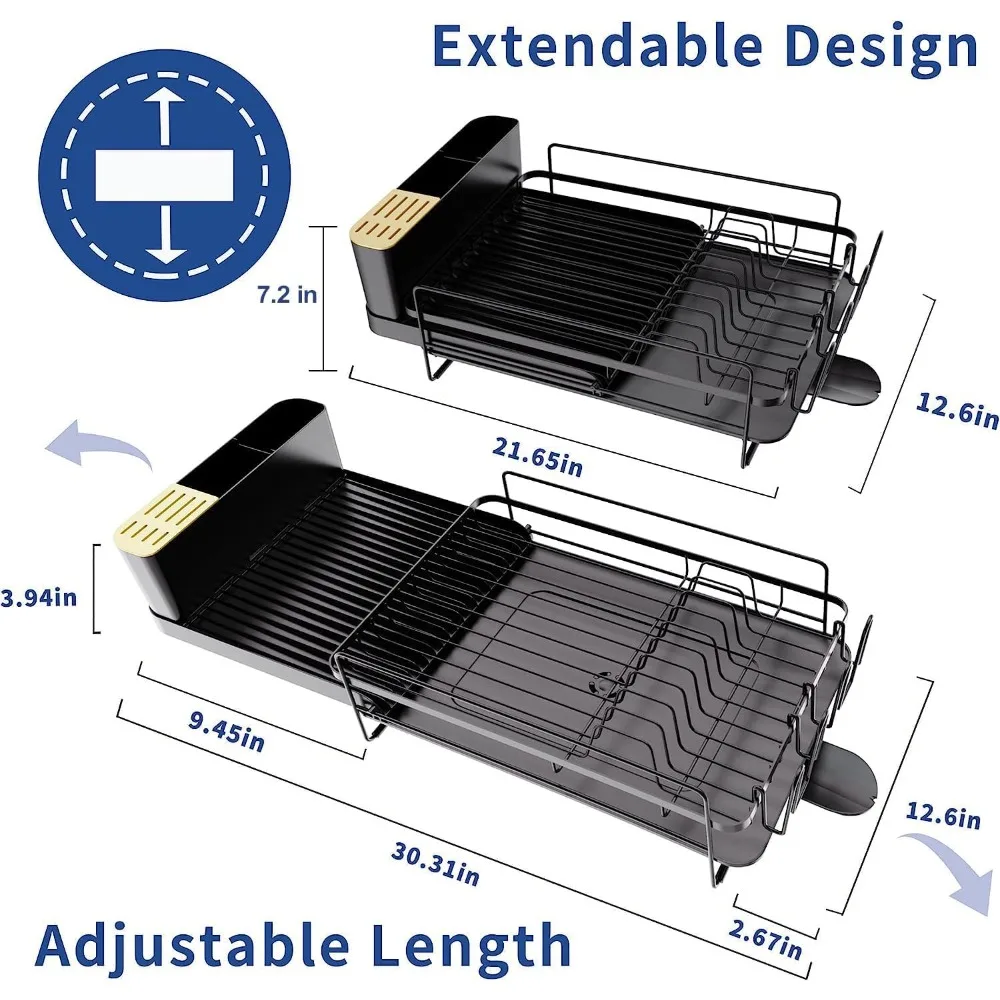 Runnatal Grande Prato Secagem Rack com Drainboard Set, extensível Prato Rack, Suporte Utensílio, Suporte Cup, Expansível Escorredor De Prato