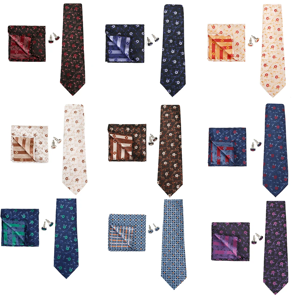 Luxury 100% Silk Flora Ties Man Set Square Towel Cufflinks For Bussiness Annual Meeting Wedding Formal Wear Dress Neckties Suit