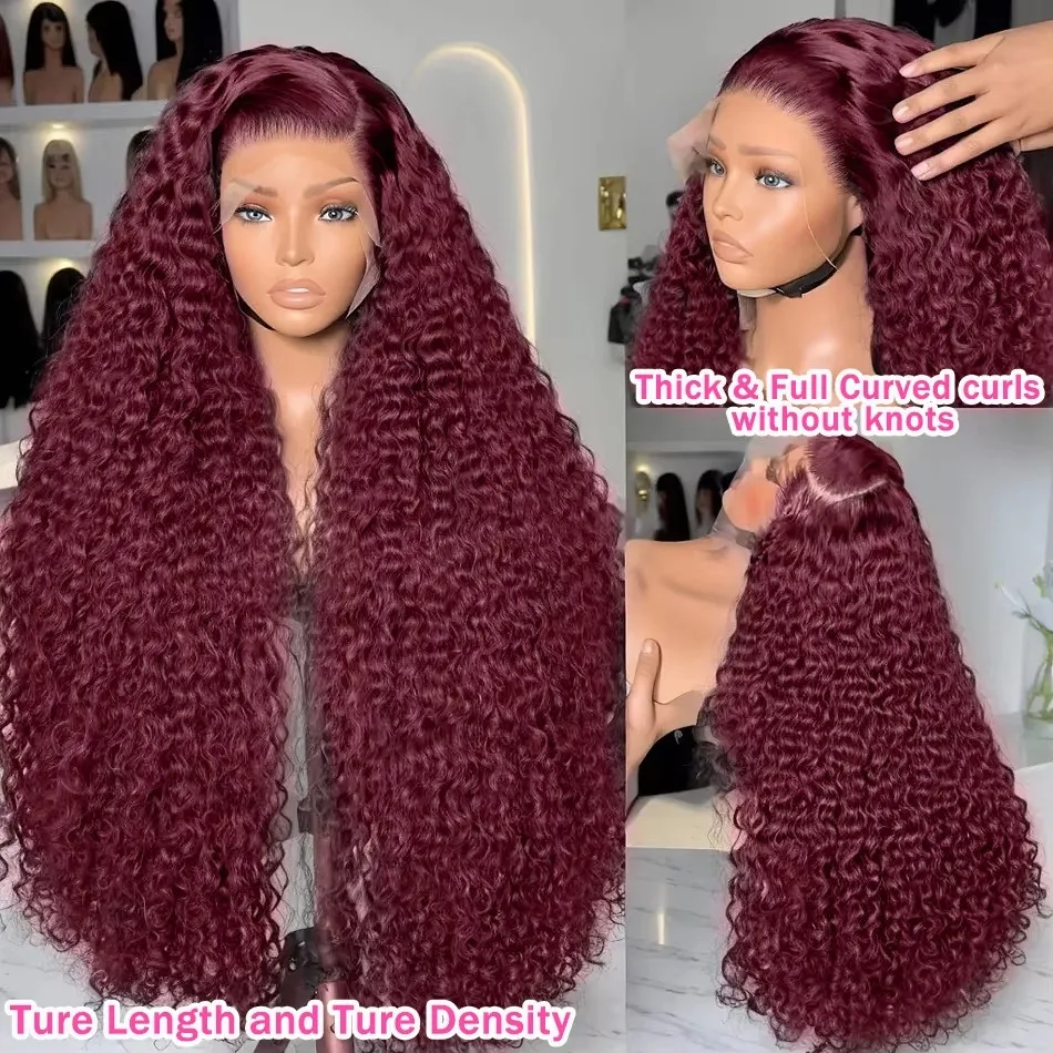 Luvin 250% 30 32 Inch 99J Burgundy Curly 13x4 Lace Front Wigs Remy Deep Wave 13x6 HD Transparent Lace Frontal Wig For Women