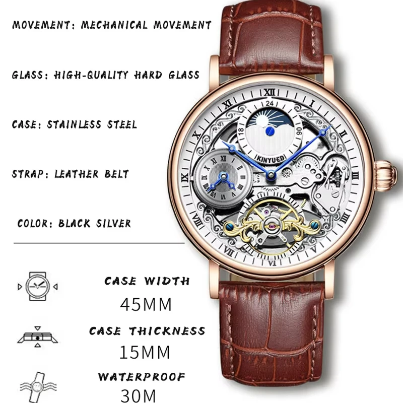 KINYUED Men Watches Automatic Mechanical Watch Dual Time Zone Tourbillon Clock Leather Waterproof Watch Men Military Wristwatch